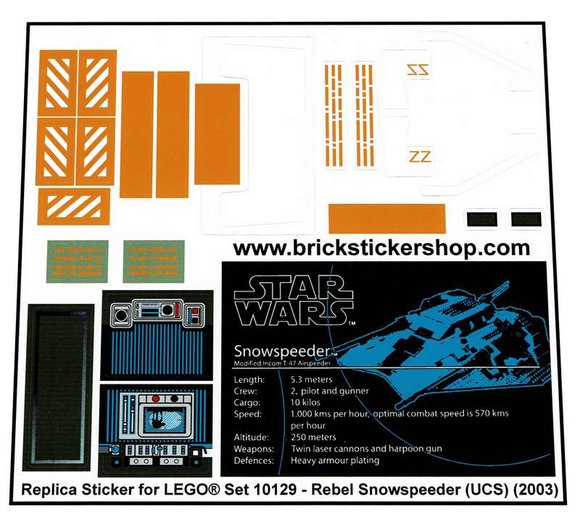 Ersatz Aufkleber/Sticker für LEGO Star Wars Set 10129 Rebel Snowspeeder UCS 