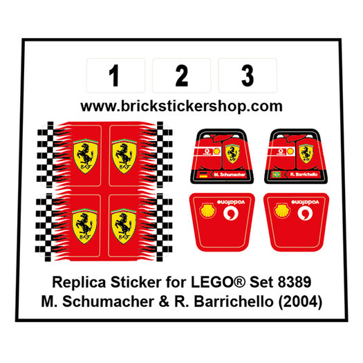 Remplacement Autocollant/Sticker Set pour LEGO set 8389 M Schumacher & R Barrichello 
