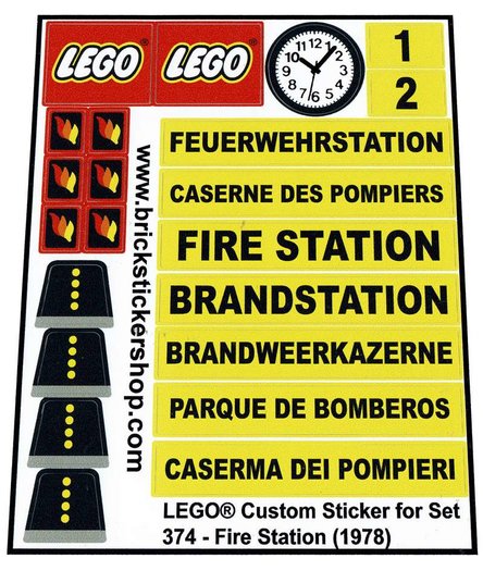 Remplacement Autocollant/sticker pour LEGO set 374 Fire Station 1978 Precut