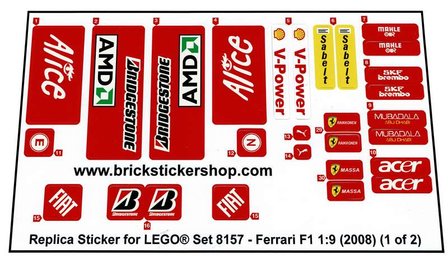 2008 Ersatz Aufkleber/Sticker Set für LEGO Set 8157 Ferrari F1 1:9 