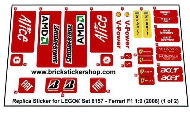 Custom Aufkleber/Sticker passend für LEGO 8157 Racers Ferrari F1 1:9 2008 