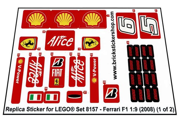 Custom Aufkleber/Sticker passend für LEGO 8157 Racers Ferrari F1 1:9 2008 