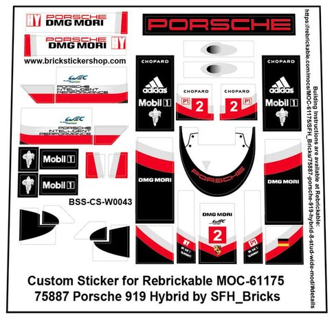 Custom Stickers fits LEGO Rebrickable MOC 61175 - Porsche 919 Hybrid
