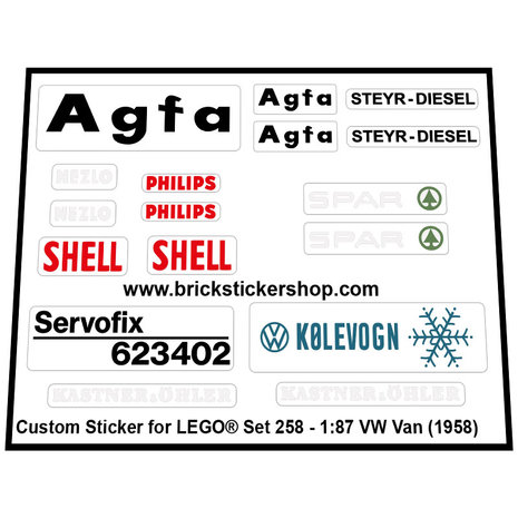Precut Custom Replacement Stickers voor Lego Set 261-1-87 VW Beetle & Showroom 
