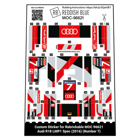 Custom Sticker for Rebrickable MOC 96621 - Audi R18 LMP1 Spec (2016) (Number 7)