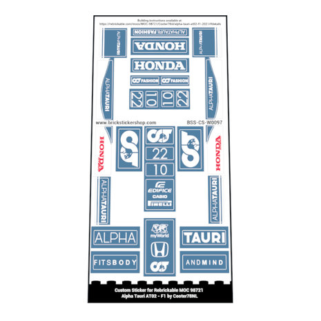 Custom Sticker for Rebrickable MOC 98721 - Alpha Tauri AT02 - F1 by Cooter78NL