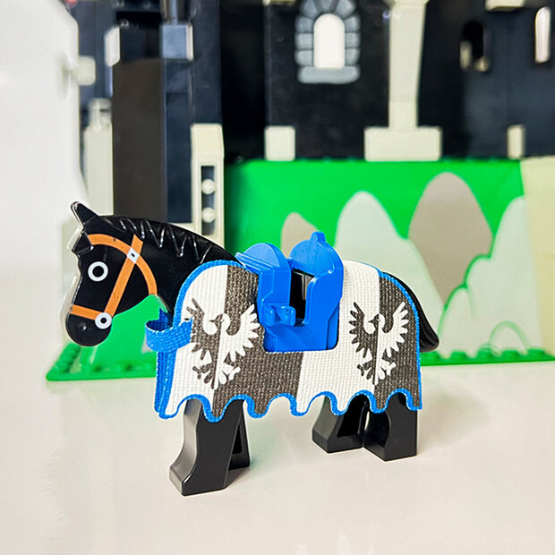 Custom Cloth - Barding with ruffled Edge With Black Falcon Emblem On Blue