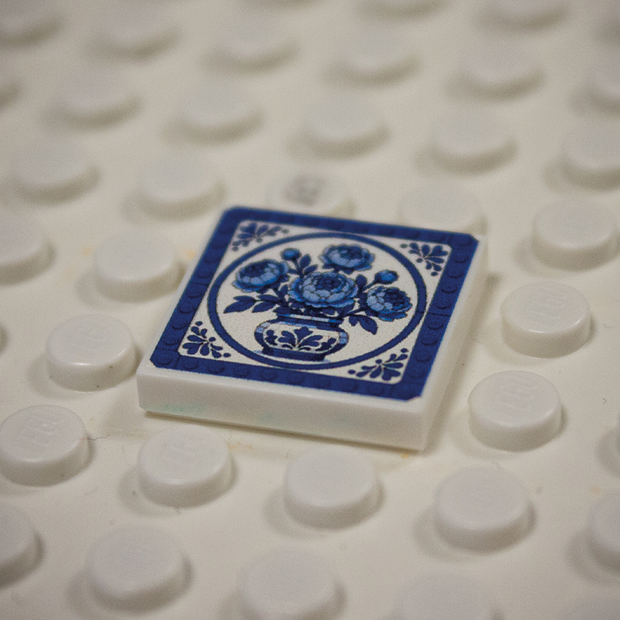 Printed Part - 2X2 Tile - Peony in Vase with Blue Rim
