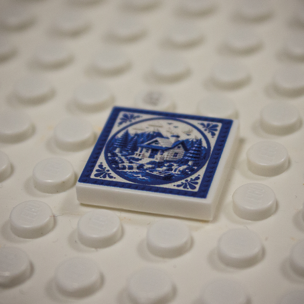 Printed Part - 2X2 Tile - Ski hut with blue border