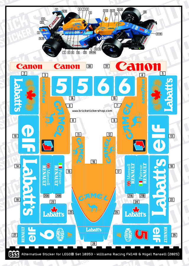Alternative Sticker Bundle for Sets 10330, 10353 &amp; 11375 - Senna, Mansell &amp; Schumacher Liveries