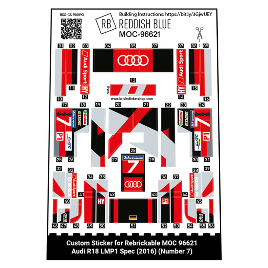 Custom Sticker for Rebrickable MOC 96621 - Audi R18 LMP1 Spec (2016) (Number 7)