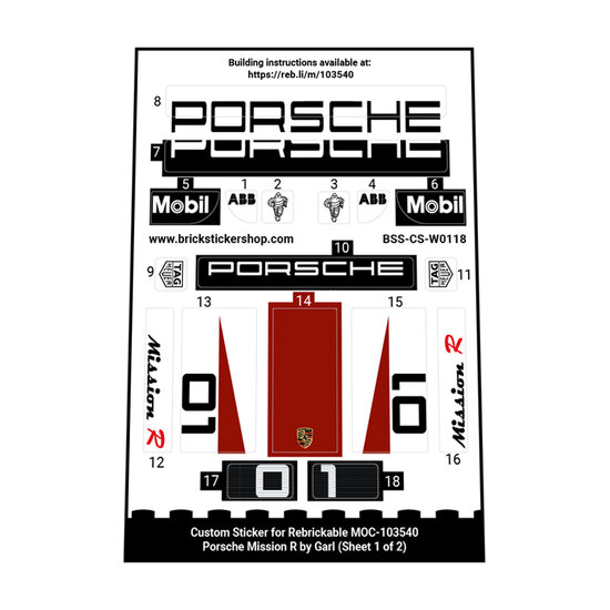 Custom Sticker for Rebrickable MOC 103540 - Porsche Mission R by Garl