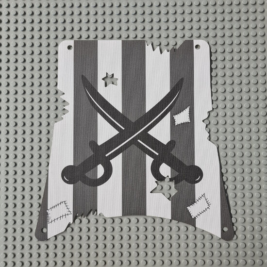 Replica Sailbb12 - Cloth Sail Square with Dark Gray Stripes, Crossed Cutlasses Pattern, Damage Cutout