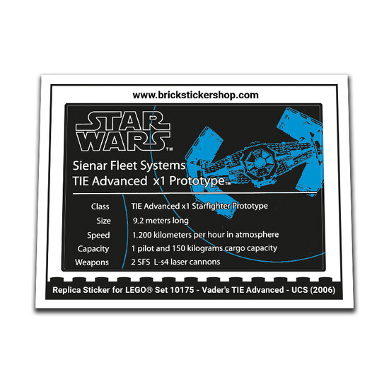Replacement Sticker for Set 10175 - Vader&#039;s TIE Advanced - UCS