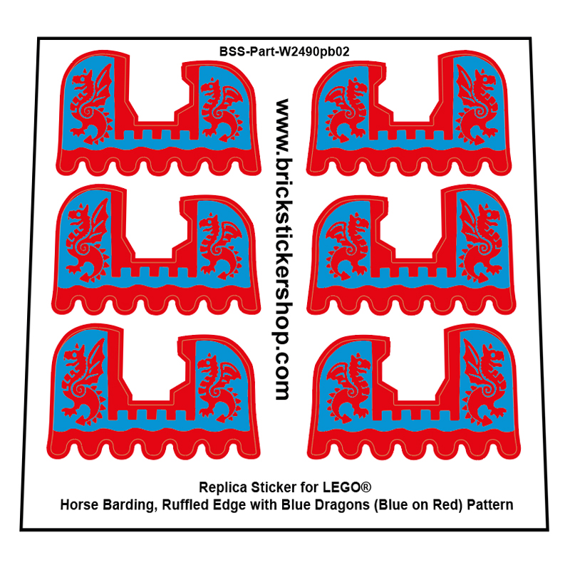 Lego Horse Barding, Ruffled Edge with Blue Dragons (Blue on Red) Pattern