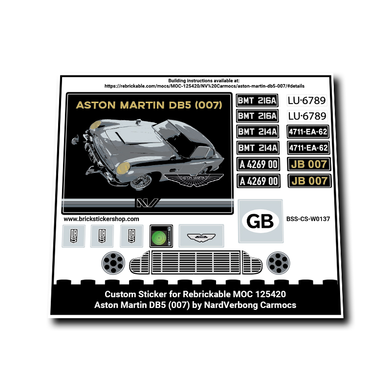 Custom Stickers fits LEGO Rebrickable MOC 125420 - Aston Martin DB5 (007) by NardVerbong Carmocs