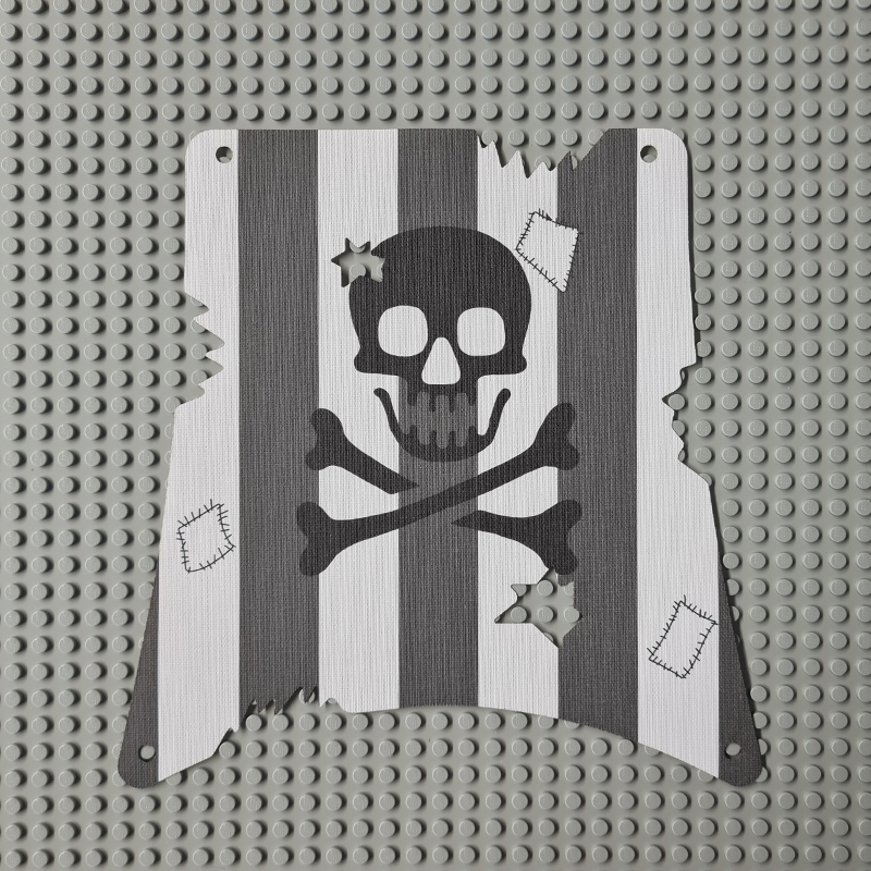Replica Sailbb11 - Cloth Sail Square with Dark Gray Stripes, Skull and Crossbones Pattern, Damage Cutouts