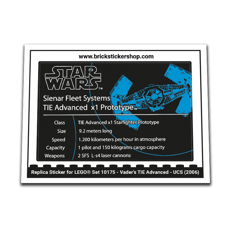 Replacement Sticker for Set 10175 - Vader's TIE Advanced - UCS