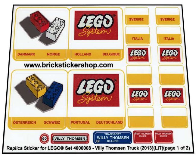 Precut Custom Replacement Stickers for Lego Set 4000008 Villy Thomsen