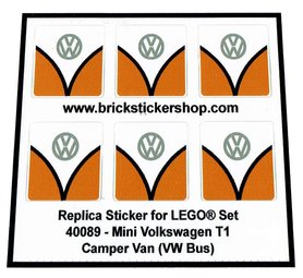 Precut Custom Replacement Stickers for Lego Set 40079 - Mini Volkswagen T1 Camper Bus (VW Bus - Orange Version))