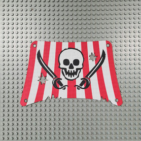 Replica Sailbb18 - Cloth Sail Rectangle with Red Stripes, Skull and 2 Cutlasses Pattern, Damage